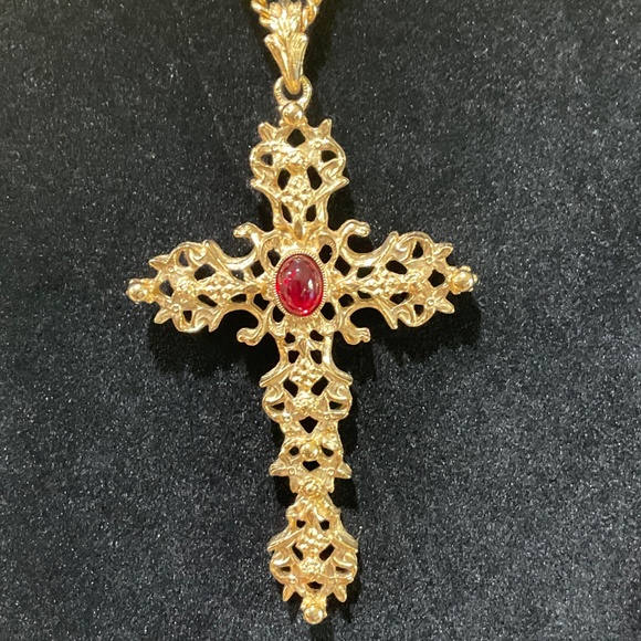 Avon Jewelry - Abbey Cross Signed Avon 1975  with Ruby Red Cabochon Unisex